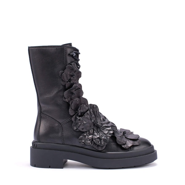 【JIMMY CHOO】NARI FLOWER- BGW - BLACK ブーツ ★関税送料込み NARI FLOWERS FLAT | Black Nappa Leather Ankle Boots with