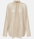 Zigzag tie-neck lamé blouse in light gold