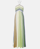 Tie-neck striped lamé gown