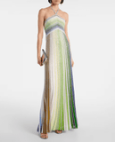 Tie-neck striped lamé gown