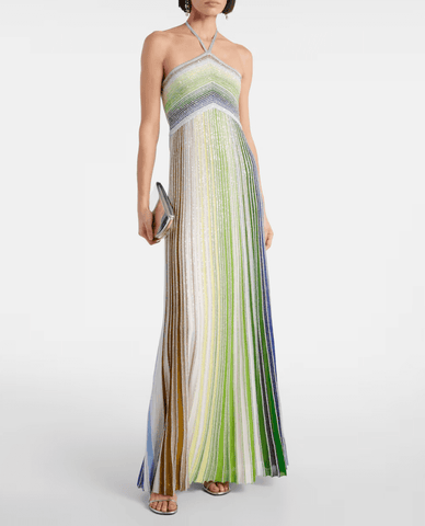 Tie-neck striped lamé gown