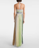 Tie-neck striped lamé gown