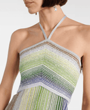Tie-neck striped lamé gown