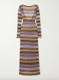 Open-back metallic crochet-knit maxi dress