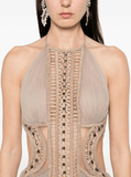 embroidered tulle maxi dress in taupe
