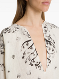Printed linen shirt with deep V-neck