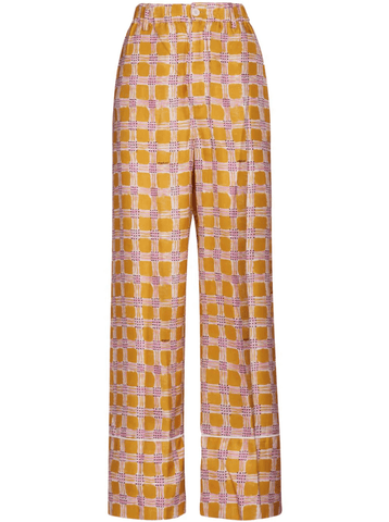 Check-print silk flared trousers