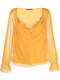 lace-trim long-sleeve silk blouse in orange
