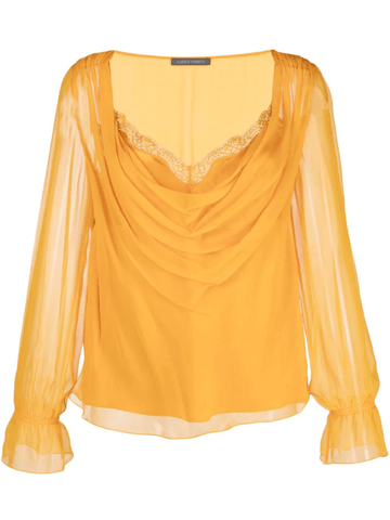 lace-trim long-sleeve silk blouse in orange