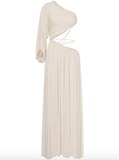 Draped viscose blend jersey long dress in white