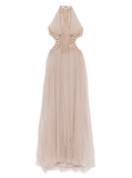 embroidered tulle maxi dress in taupe
