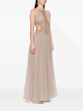 embroidered tulle maxi dress in taupe