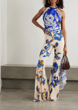 Cropped printed silk-twill halterneck top