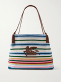 Leather-trimmed striped knitted shoulder bag