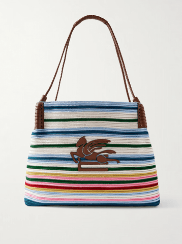 Leather-trimmed striped knitted shoulder bag