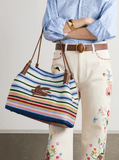 Leather-trimmed striped knitted shoulder bag
