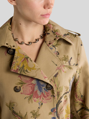 Cotton gabardine trench coat with floral motif
