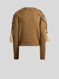 Ribbed wool sweater with tassels and embroidery