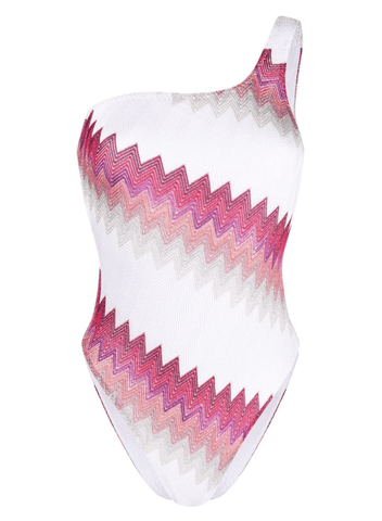 Zig-zag knit one-shoulder swimsuit pink